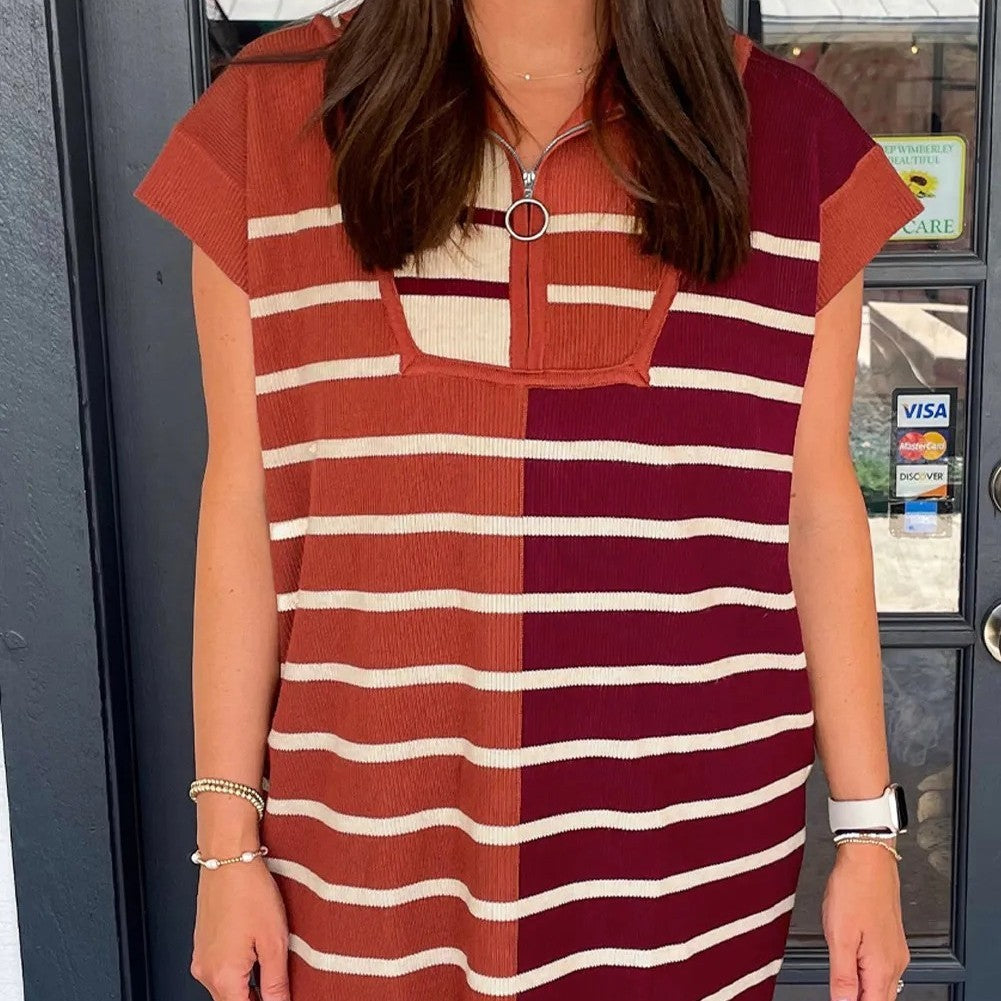 Brown Stripe Color Block Quarter Zip Collar Short Sleeve Sweater Dress