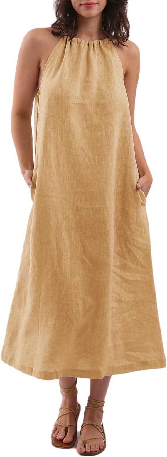 Fashion Solid Color Vest Cotton Linen Dress Women