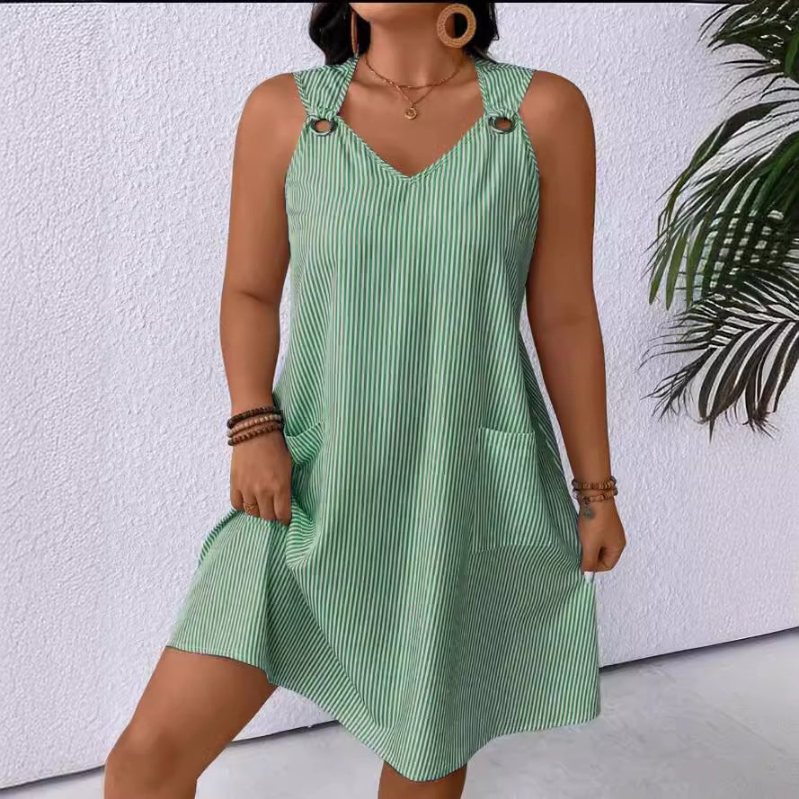 New Round Neck Striped Style With Pockets Suspender Jumpsuit Skirt