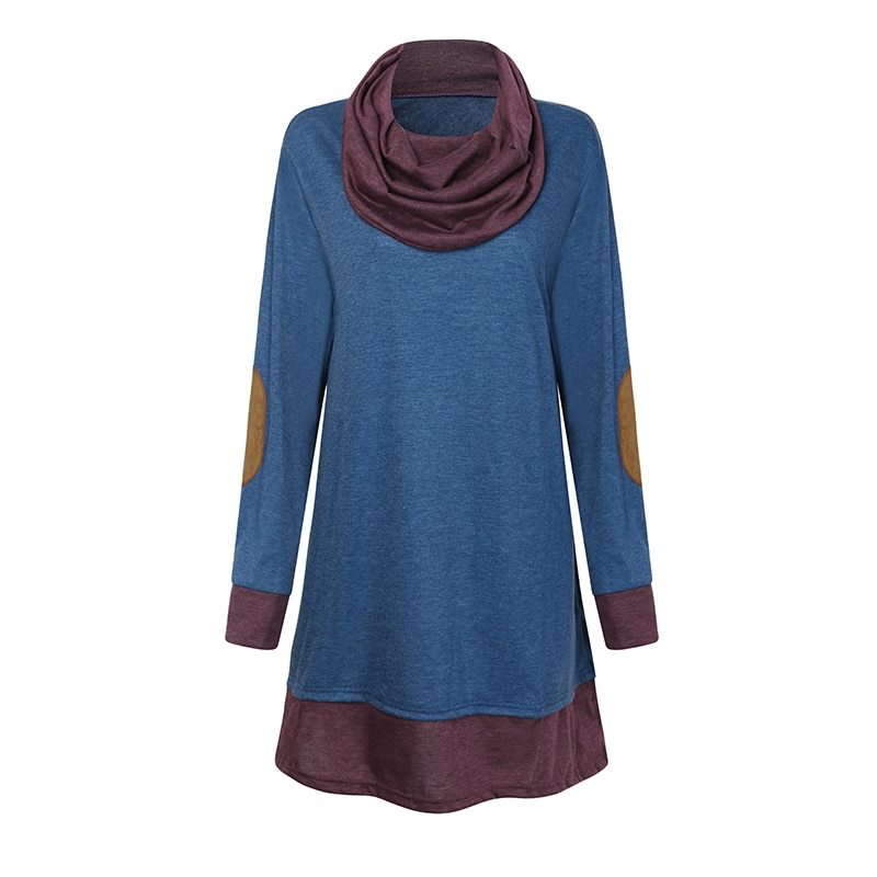 New Women Long Sleeve Patchwork Pullover Elbow Patches Cowl Neck Femme Long Tops Casual Spring Autumn Blouse Shirts Thin