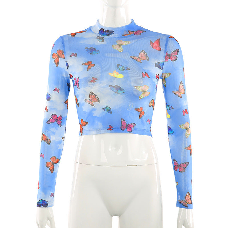 Openwork butterfly print long sleeves