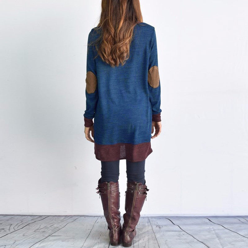 New Women Long Sleeve Patchwork Pullover Elbow Patches Cowl Neck Femme Long Tops Casual Spring Autumn Blouse Shirts Thin