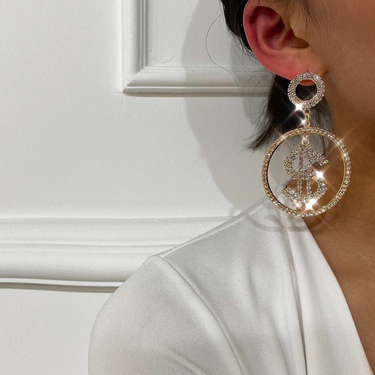 Personality Exaggerated Dollar Rhinestone Earrings Women Fashion Trend Alloy Jewelry
