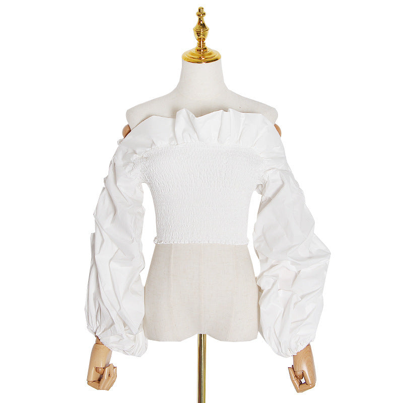 VGH Elegant Ruffles Blouses Womens Slash Neck Lantern Long Sleeve Slim Short Shirts For Female Fashion Clothes