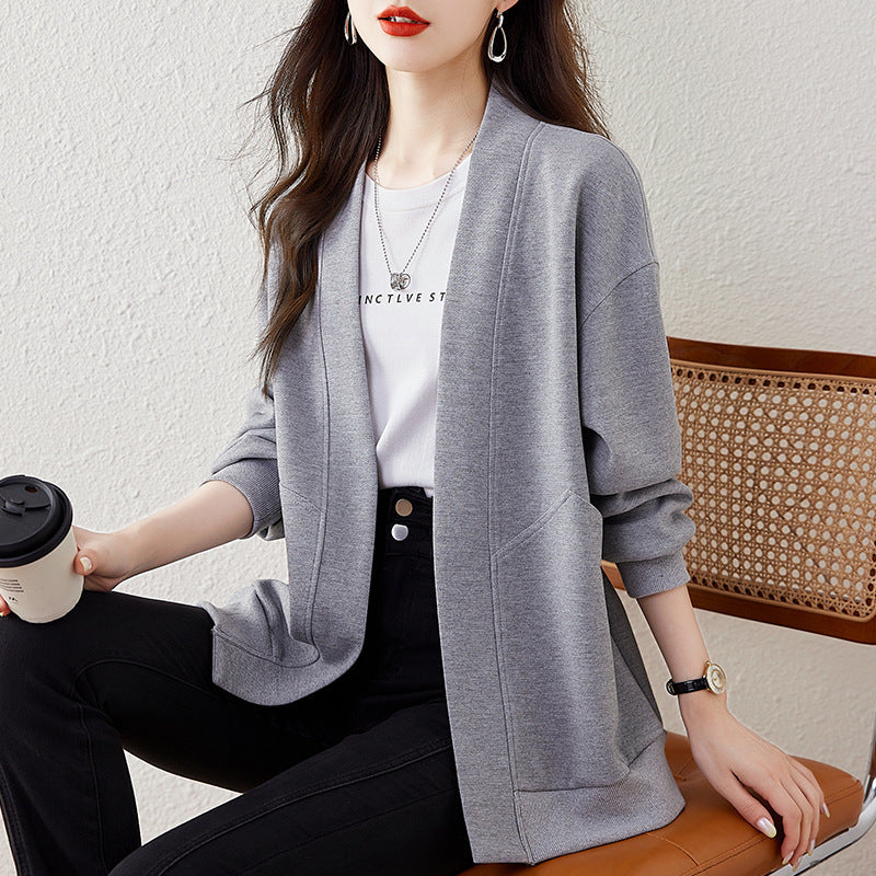 Lazy V-neck Sweatshirt Cardigan Women's Loose Casual Jacket All-matching Drop-shoulder Sleeve
