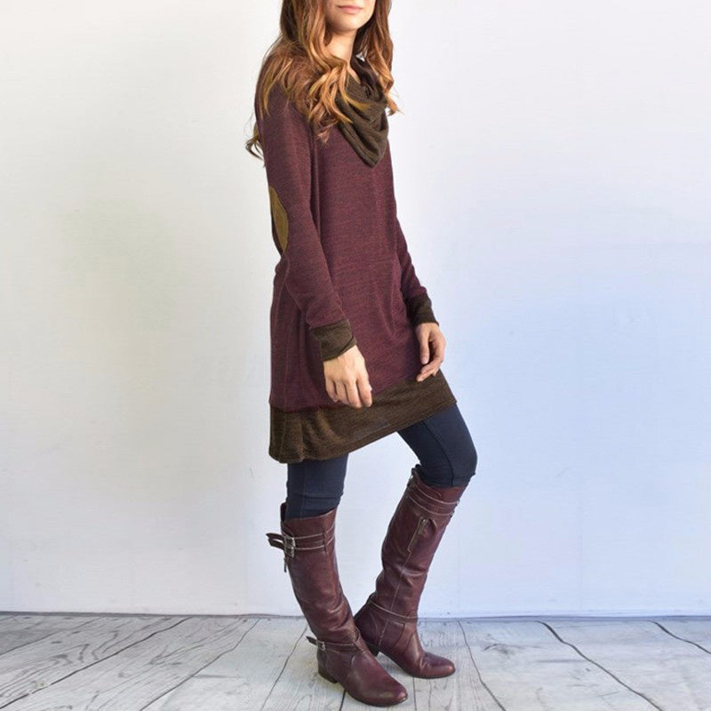 New Women Long Sleeve Patchwork Pullover Elbow Patches Cowl Neck Femme Long Tops Casual Spring Autumn Blouse Shirts Thin