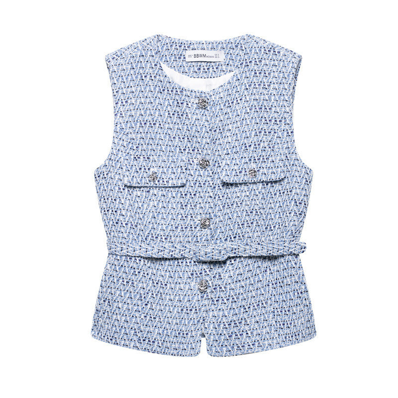 Spring New Casual Belt Vest Women's Clothing With Belt Texture Vest