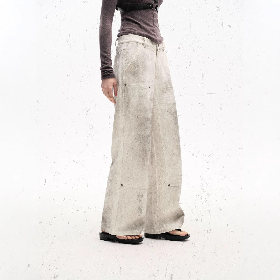 Retro High Street Heavy Spray Color Distressed Loose Waste Soil Style Overalls
