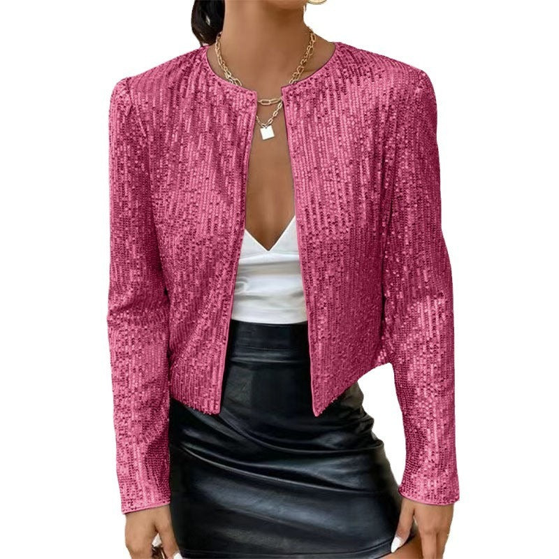 Stand Collar Color Matching Sequins Coat Short Casual Jacket