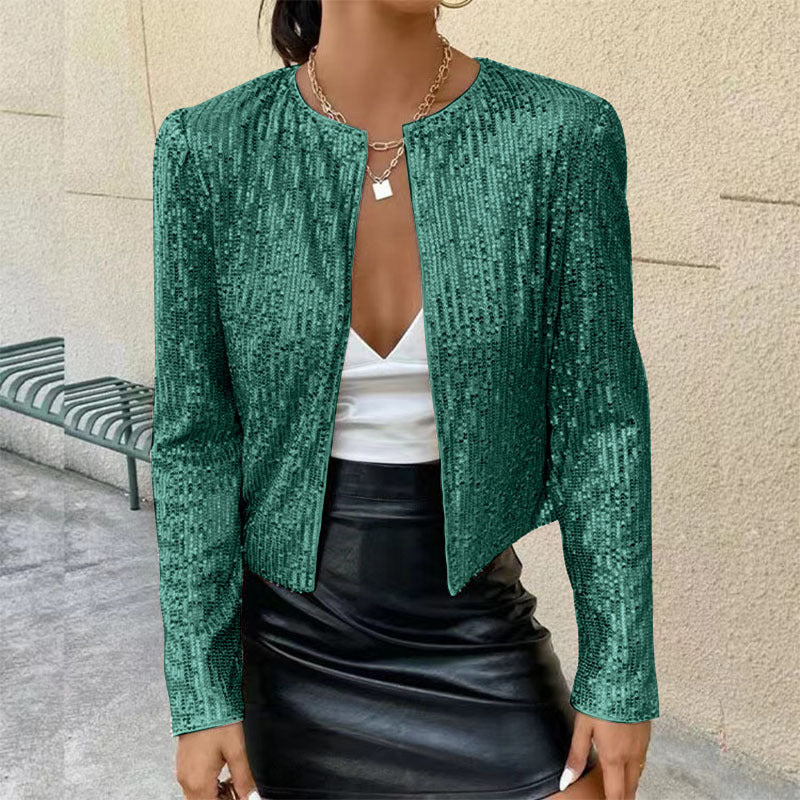 Stand Collar Color Matching Sequins Coat Short Casual Jacket