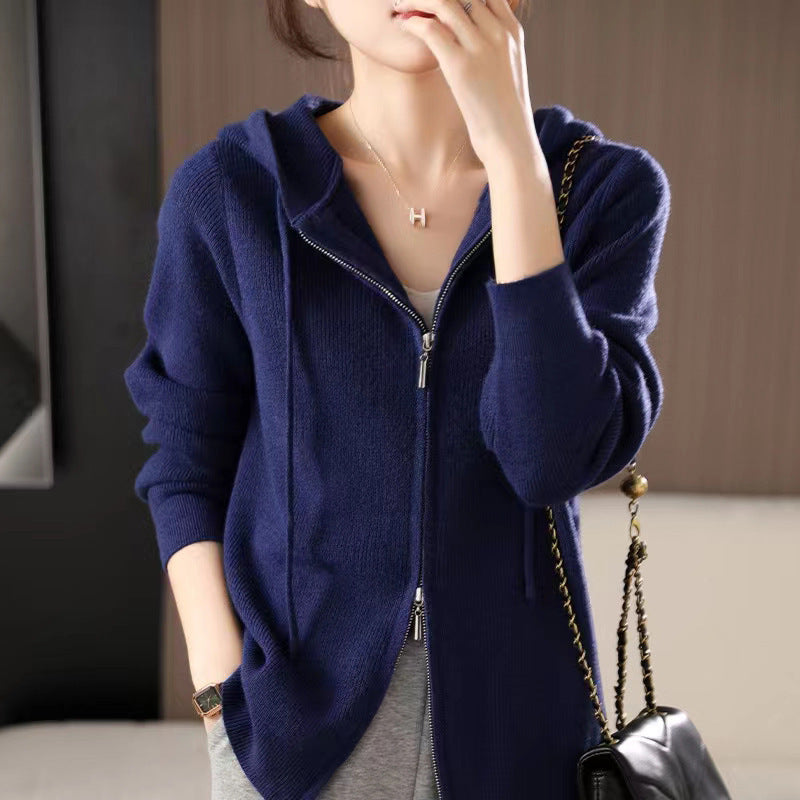 Double-headed Zipper Hooded Knit Women's Cardigan Coat
