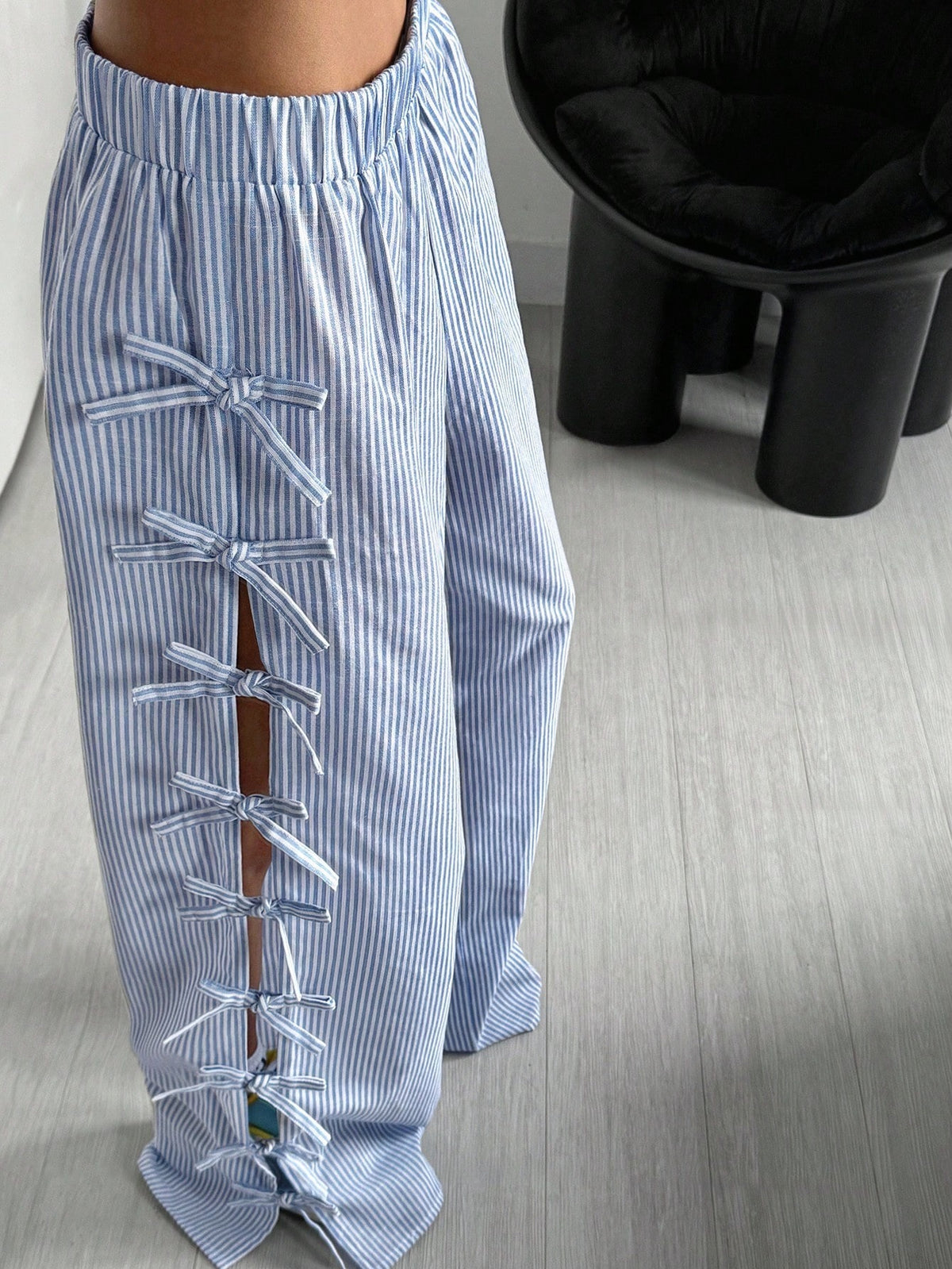 Waist Side Tie Bow Striped Wide Leg Pants