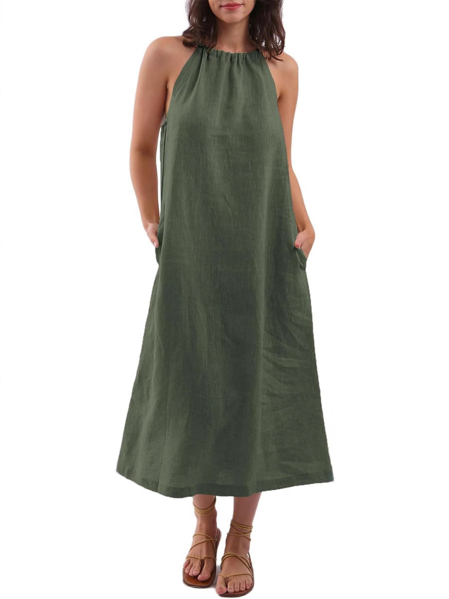Fashion Solid Color Vest Cotton Linen Dress Women