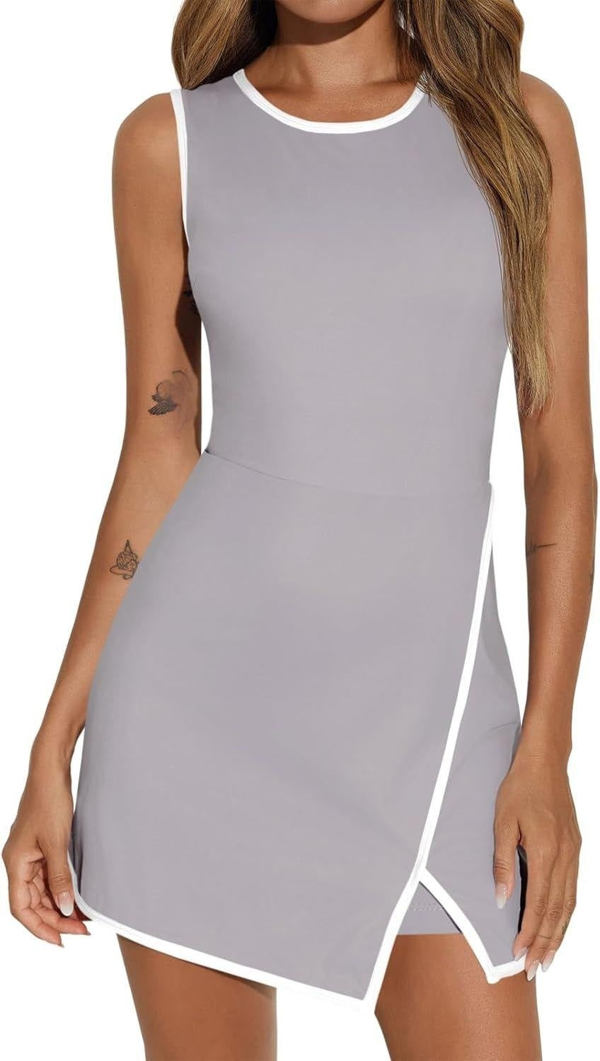 Round Neck Contrasting Color Side Slit A-line Tennis Skirt
