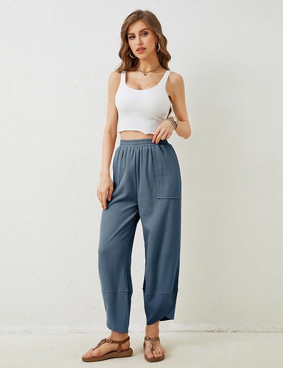 Womens Baggy Wide Leg Pants Casual Elastic Waisted Palazzo Harem Pants With Pockets