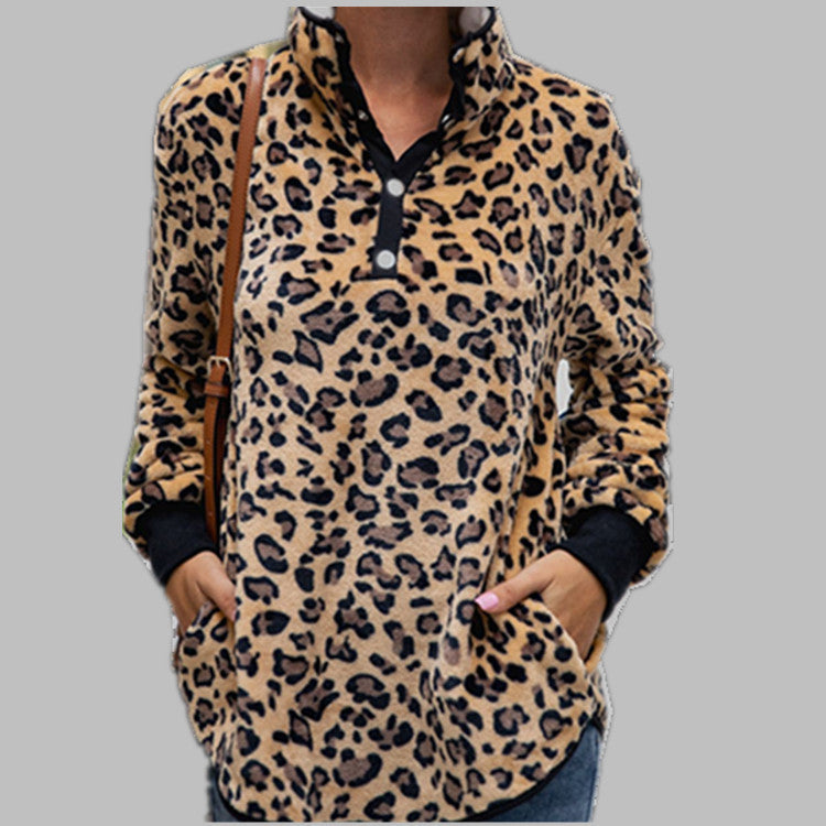 Women's long sleeve leopard button pockets