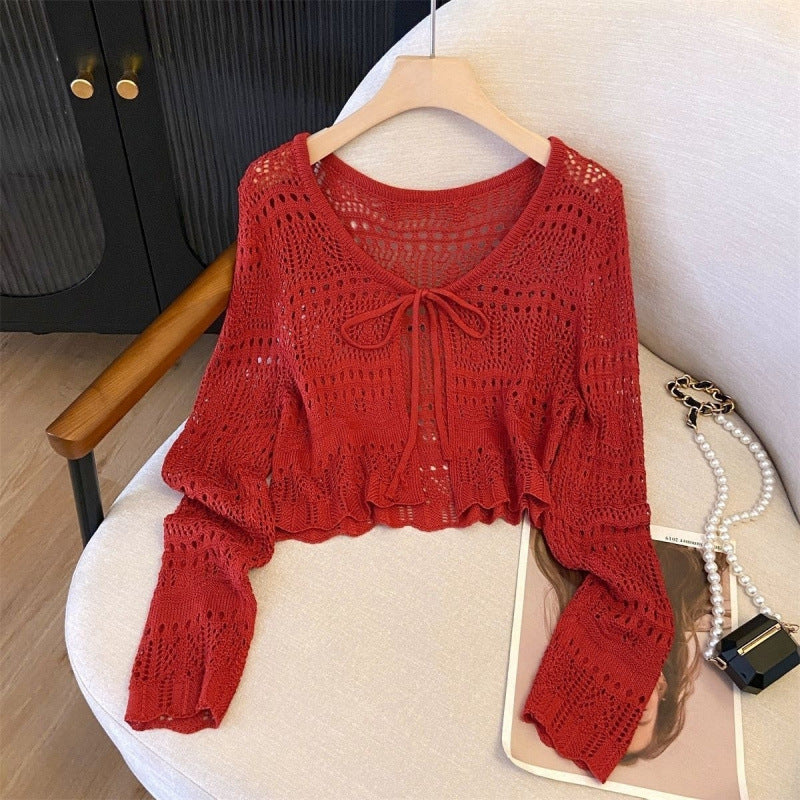 Knitted Long Sleeve Sun Protection Thin Cardigan Blouse Ice Silk Air Conditioning Top