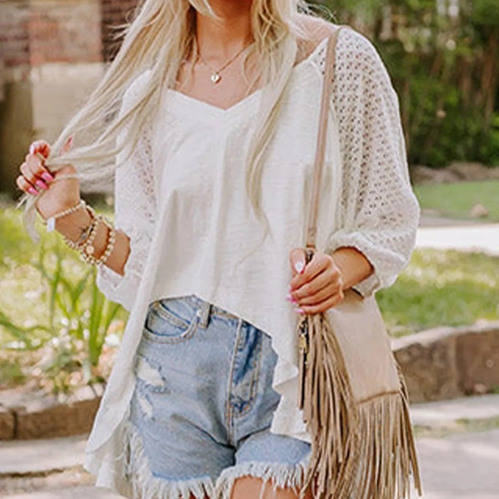 White Eyelet Patchwork High Low Hem V Neck Oversized Top