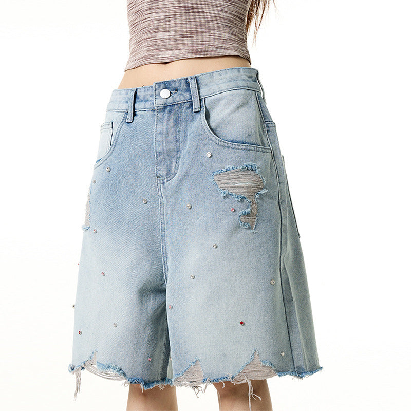 Ripped Retro Rhinestone Wide-leg Denim Shorts