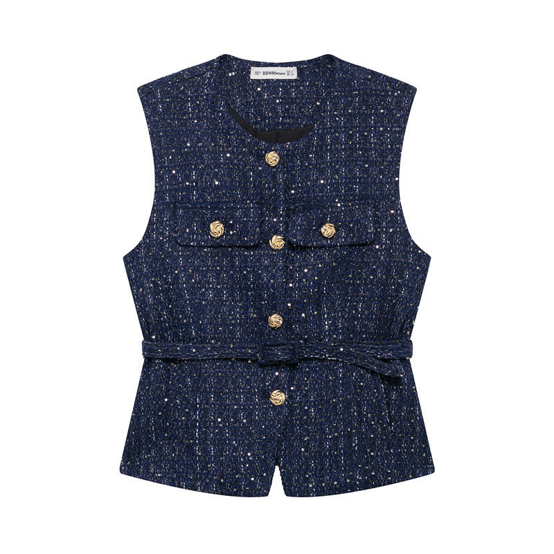 Spring New Casual Belt Vest Women's Clothing With Belt Texture Vest