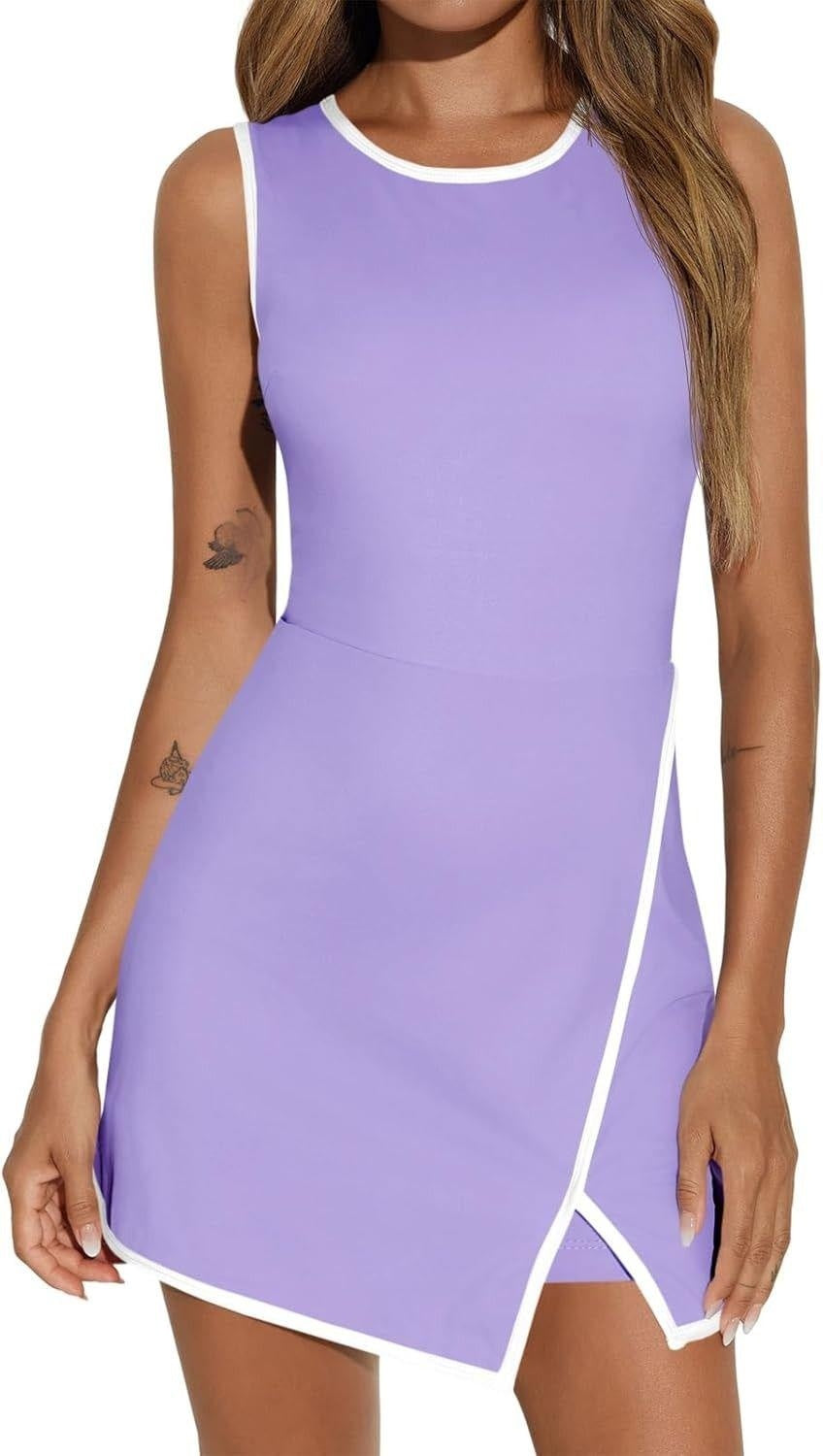 Round Neck Contrasting Color Side Slit A-line Tennis Skirt