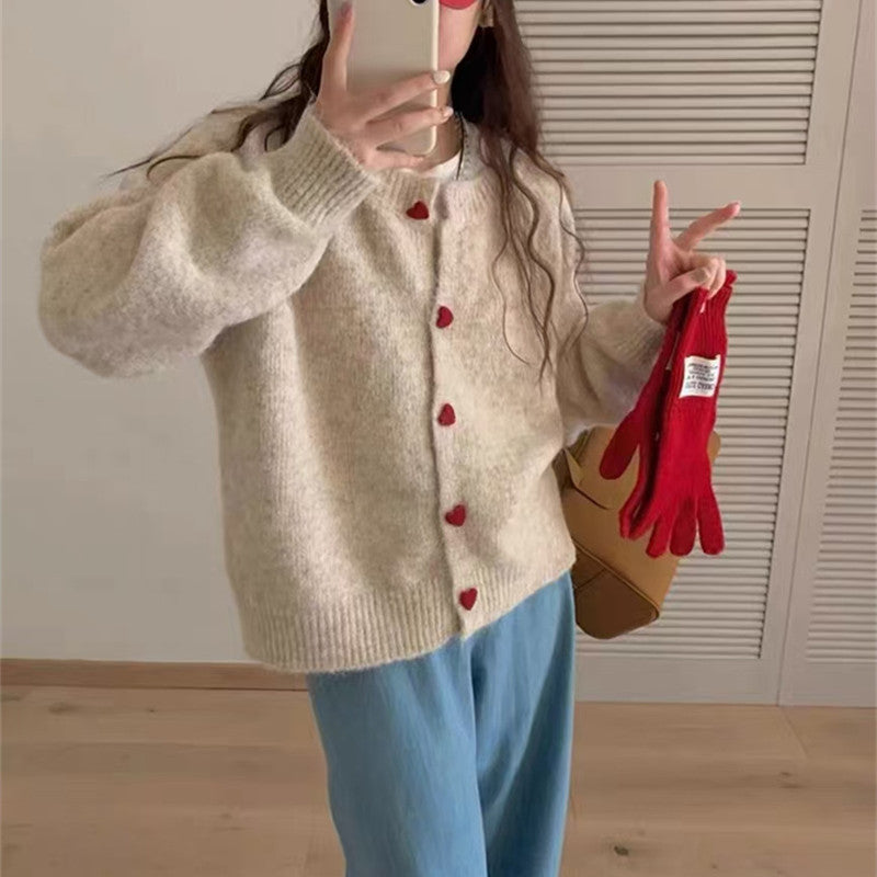Round Neck All-matching Design Love Girl Buckle Knitted Cardigan Sweater Coat For Women