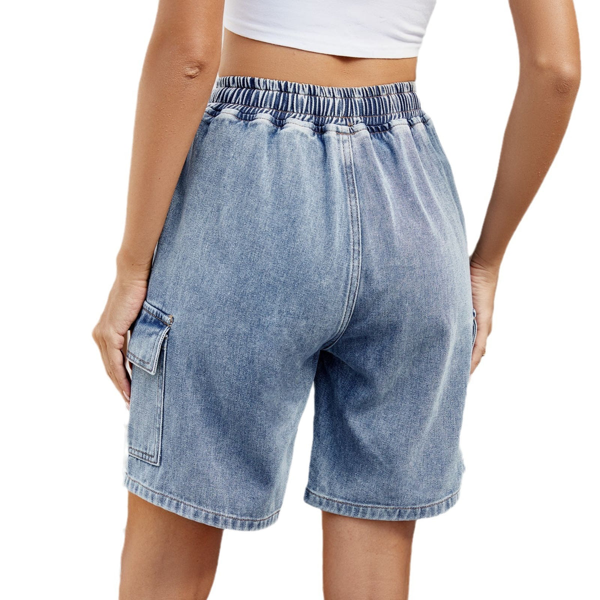 Washed Tied Elastic Waist Five-point Denim Shorts