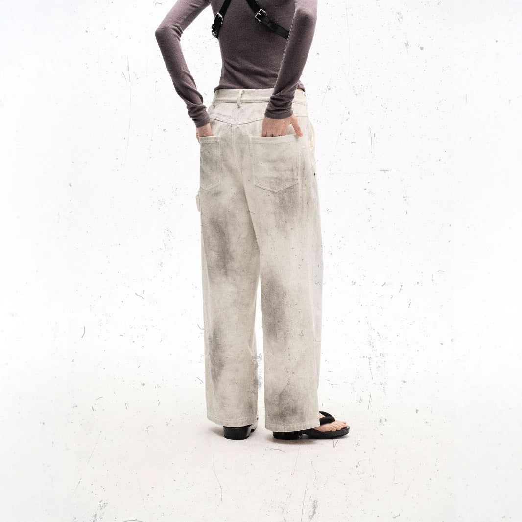 Retro High Street Heavy Spray Color Distressed Loose Waste Soil Style Overalls
