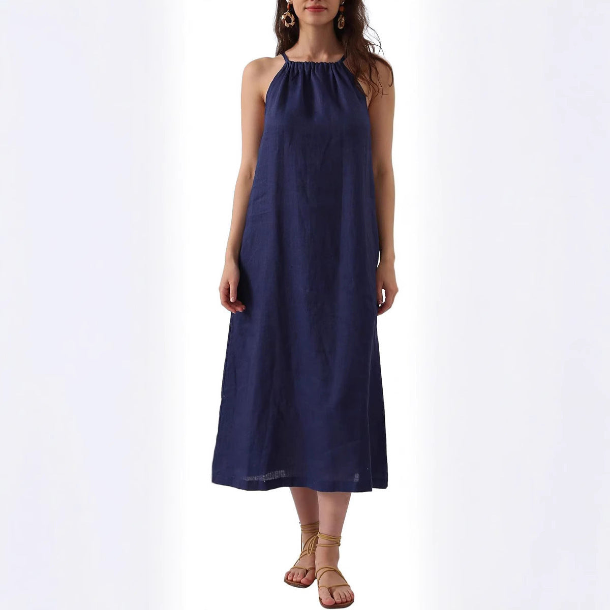 Fashion Solid Color Vest Cotton Linen Dress Women
