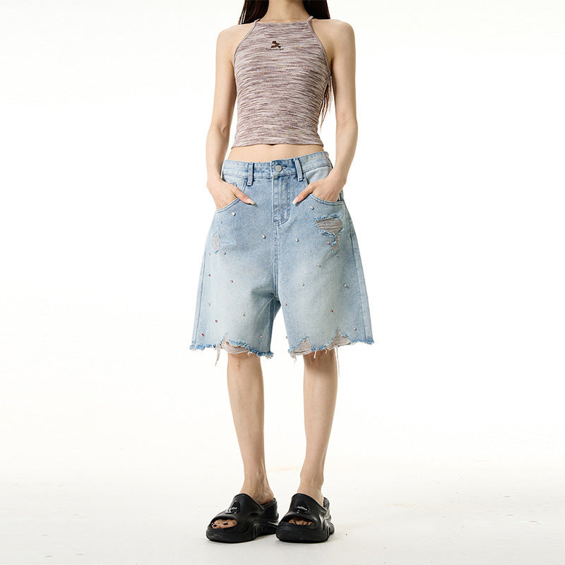 Ripped Retro Rhinestone Wide-leg Denim Shorts