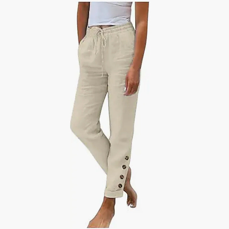 Autumn Solid Color Cotton Linen Straight Casual Button Trousers For Women