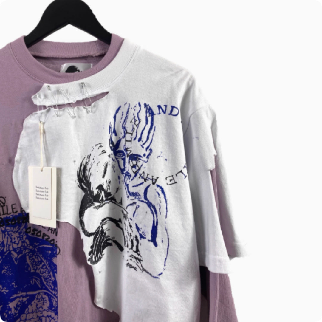 Artistic Print With Two Pieces Of Distressed Long Sleeves