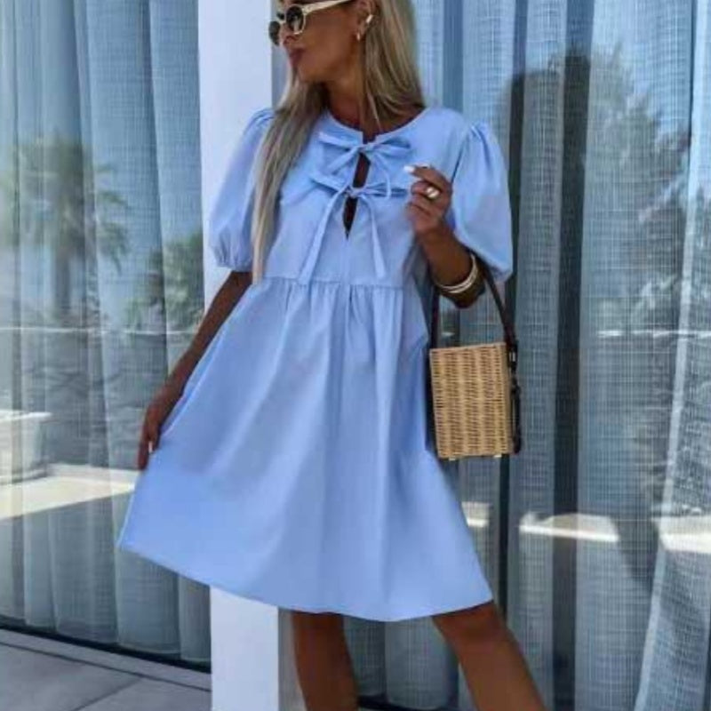 Summer Fashion New Lace-up Bow Puff Sleeve Short Sleeve Dress