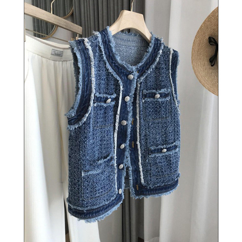 Fashion Hooked Flower Fleece Denim Vest Girl