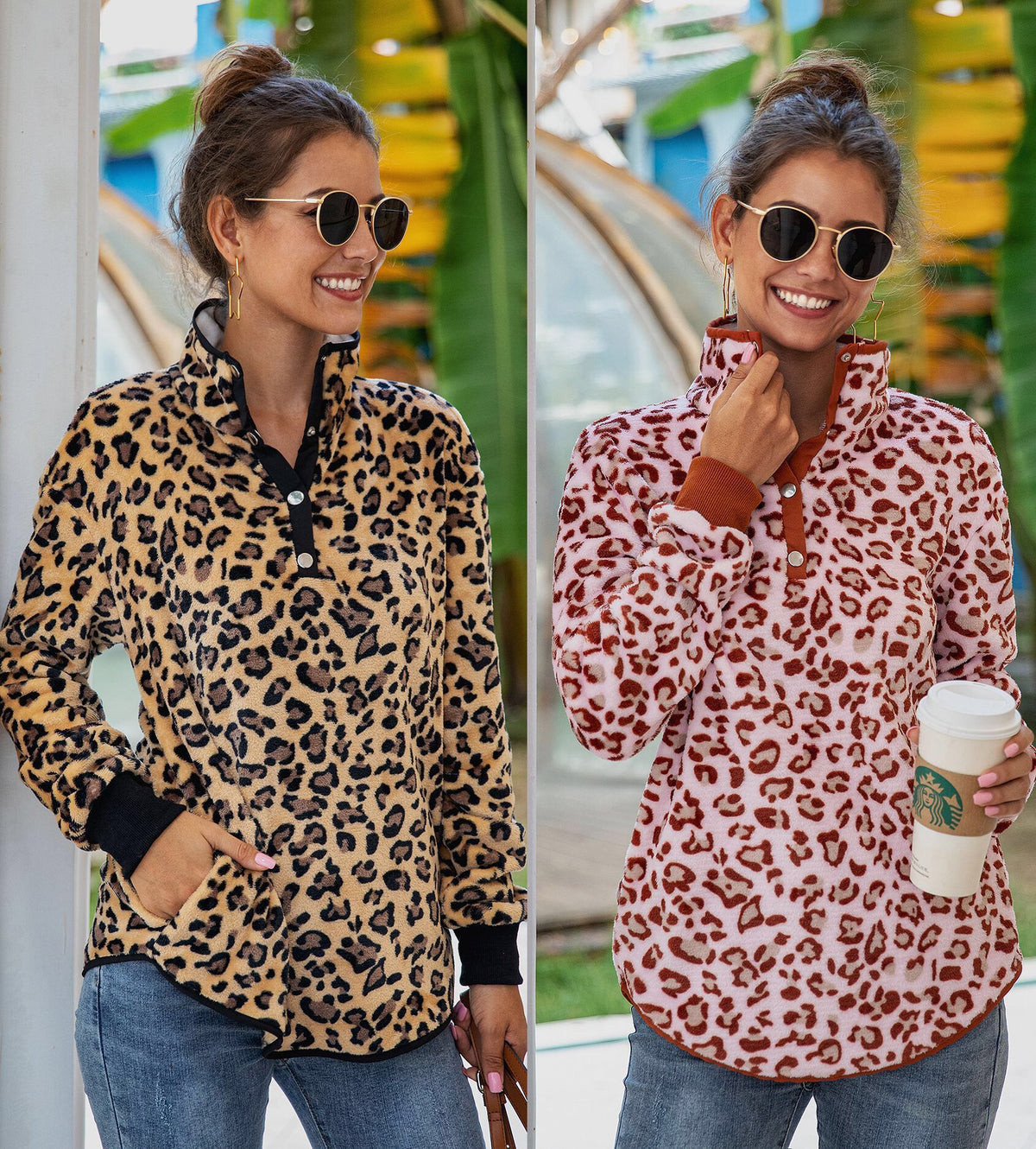 Women's long sleeve leopard button pockets