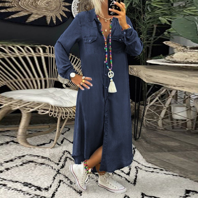 Explosive Denim Long Skirt New Shirt Collar Denim Casual Skirt Long Skirt