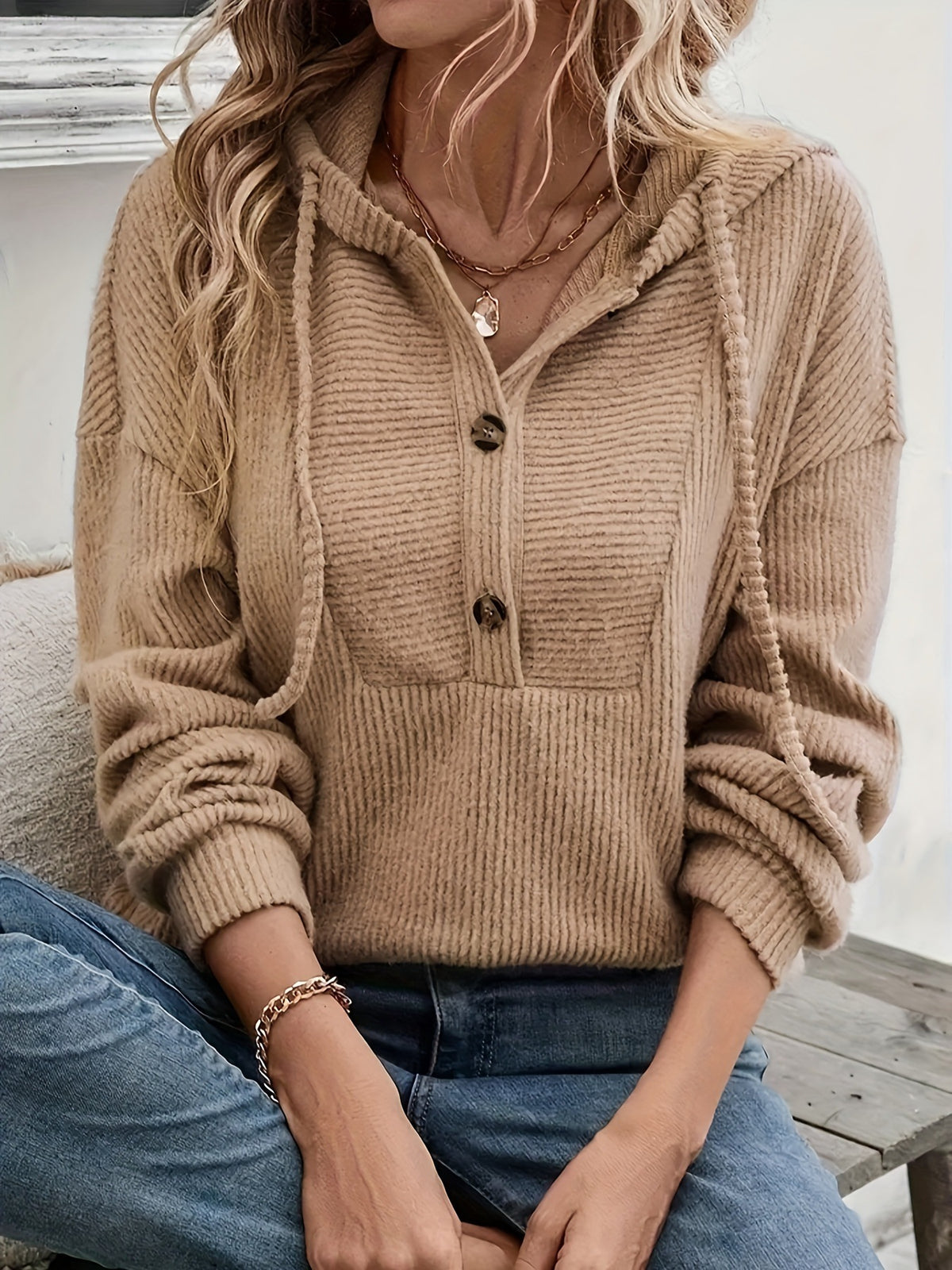Fall Winter Hooded Sunken Stripe Long-sleeved Sweater