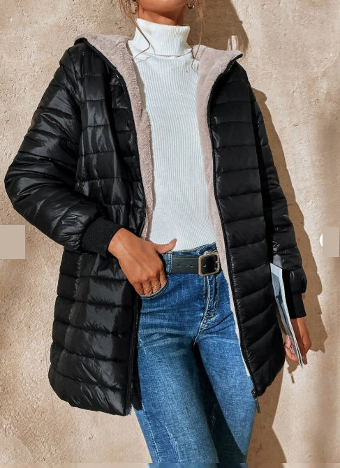 Aveloria Modichic Casual Versatile Solid Color Fleece Hooded Padded Padded Coat