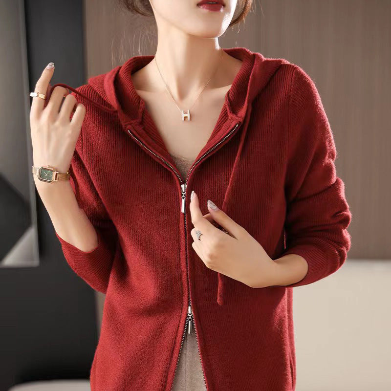 Double-headed Zipper Hooded Knit Women's Cardigan Coat