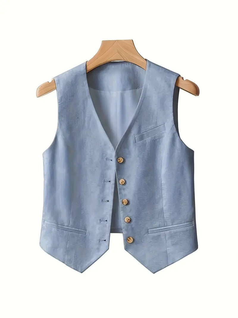 Ladies' Casual Elegant Waist Cinched Linen Jacket Vest