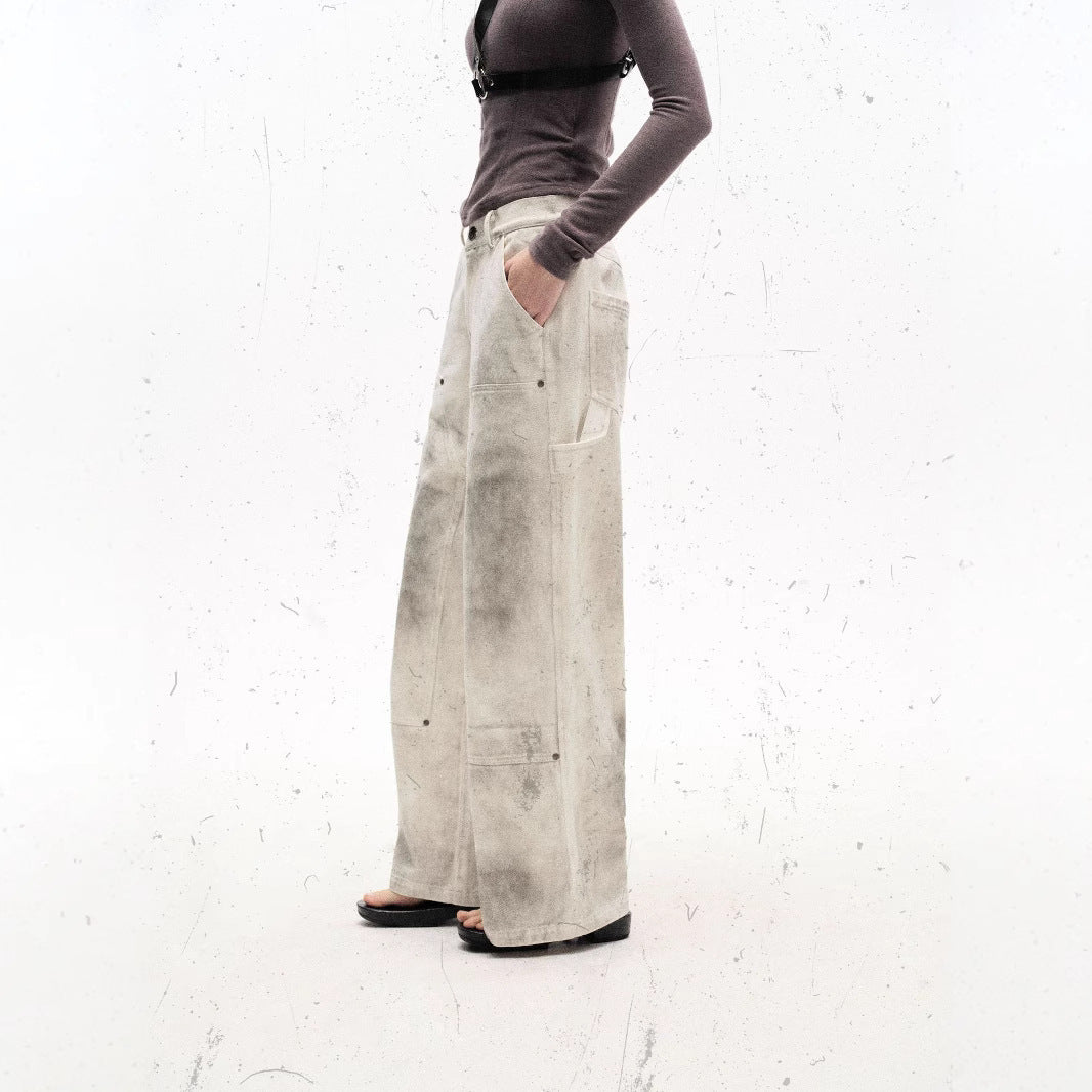 Retro High Street Heavy Spray Color Distressed Loose Waste Soil Style Overalls