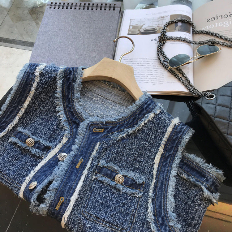 Fashion Hooked Flower Fleece Denim Vest Girl