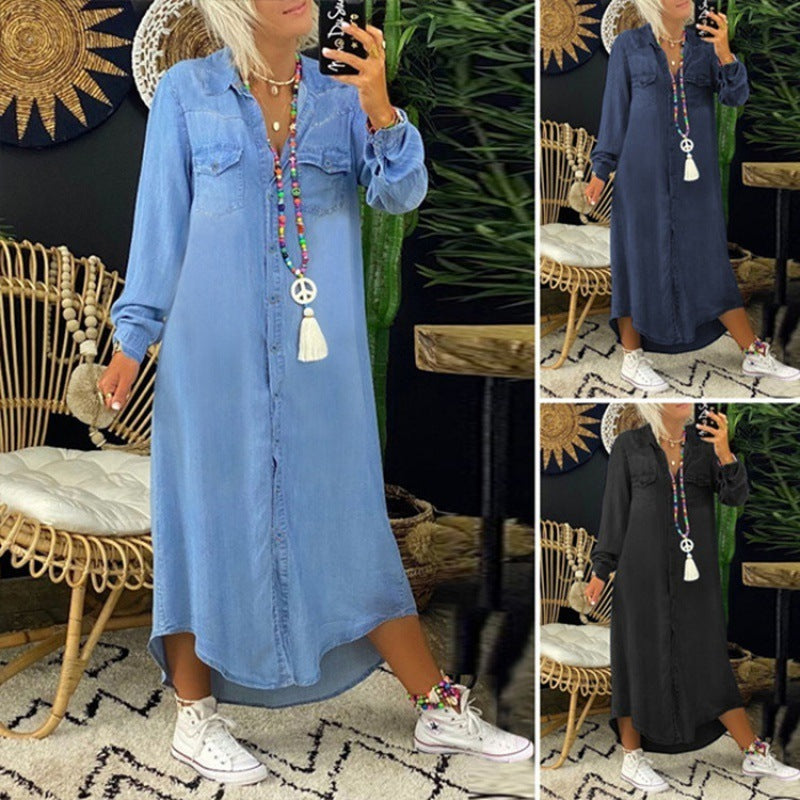 Explosive Denim Long Skirt New Shirt Collar Denim Casual Skirt Long Skirt