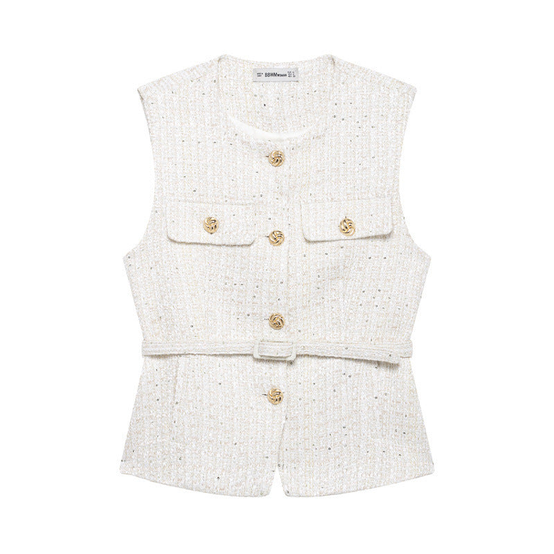 Spring New Casual Belt Vest Women's Clothing With Belt Texture Vest