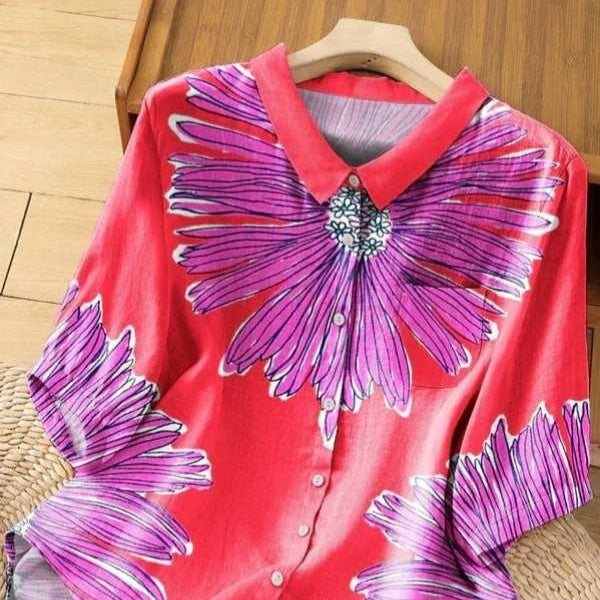 Flower Polo Collar Button Cardigan Short Sleeve Loose Casual Top