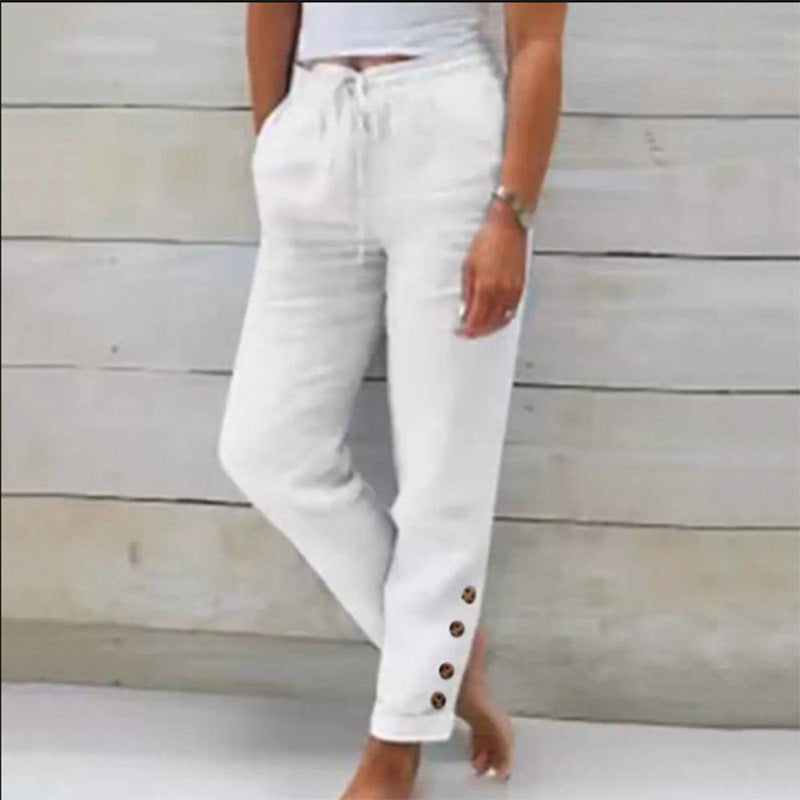 Autumn Solid Color Cotton Linen Straight Casual Button Trousers For Women