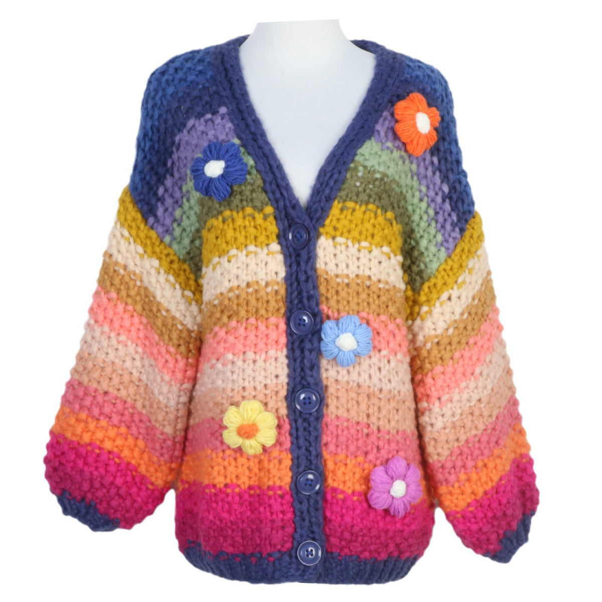European And American Style Rainbow Pure Handmade Small Flower Striped Lazy Thick Needle Sweater