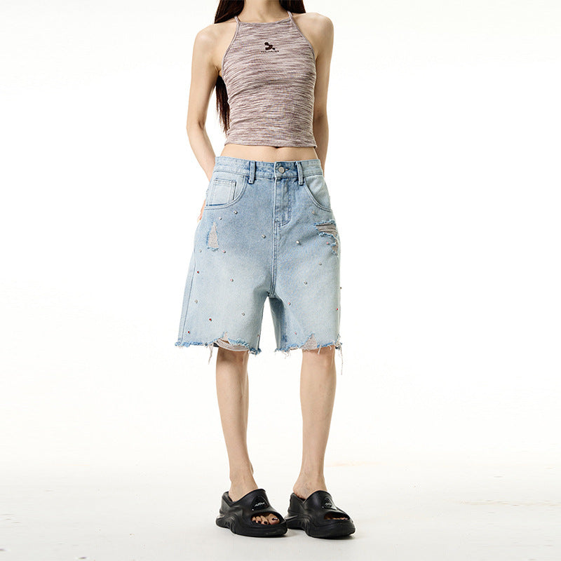 Ripped Retro Rhinestone Wide-leg Denim Shorts