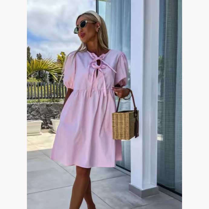 Summer Fashion New Lace-up Bow Puff Sleeve Short Sleeve Dress