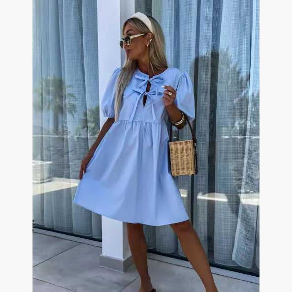 Summer Fashion New Lace-up Bow Puff Sleeve Short Sleeve Dress